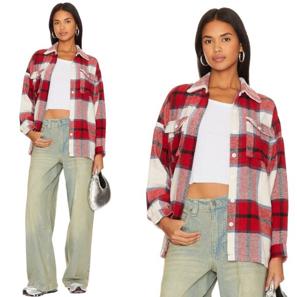 Lovers + Friends Revolve Kaianna Plaid Wool Shacket Women Large Red White Jacket - Picture 2 of 16